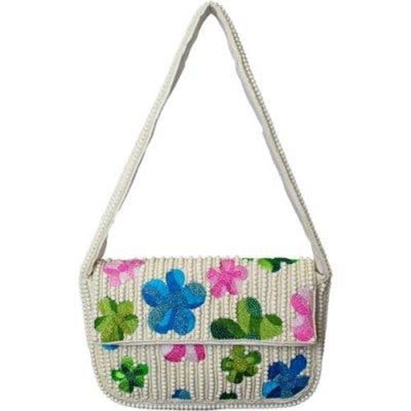 Colorful Beaded Embroidered Floral Shoulder Bag Ivory - Picture 1 of 2